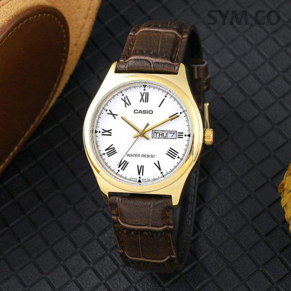 MTP-V006GL-7B クラシック ローマ デイデイト オートカレンダー スーツ カジュアル メンズ レザー 腕時計 d