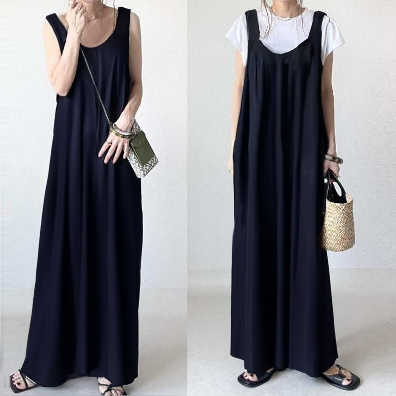 【女子力UP】 おしゃれ度アップ無地Uネックギャザーキャミワンピース