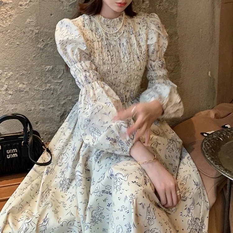 ワンピース ロングスカート レディース ロング 長袖 ラウンドネック Aライン ウエストマーク かわいい 大人可愛い きれいめ シンプル 上品 おしゃれ レトロ こなれ感 ガーリー エレガント とろみ