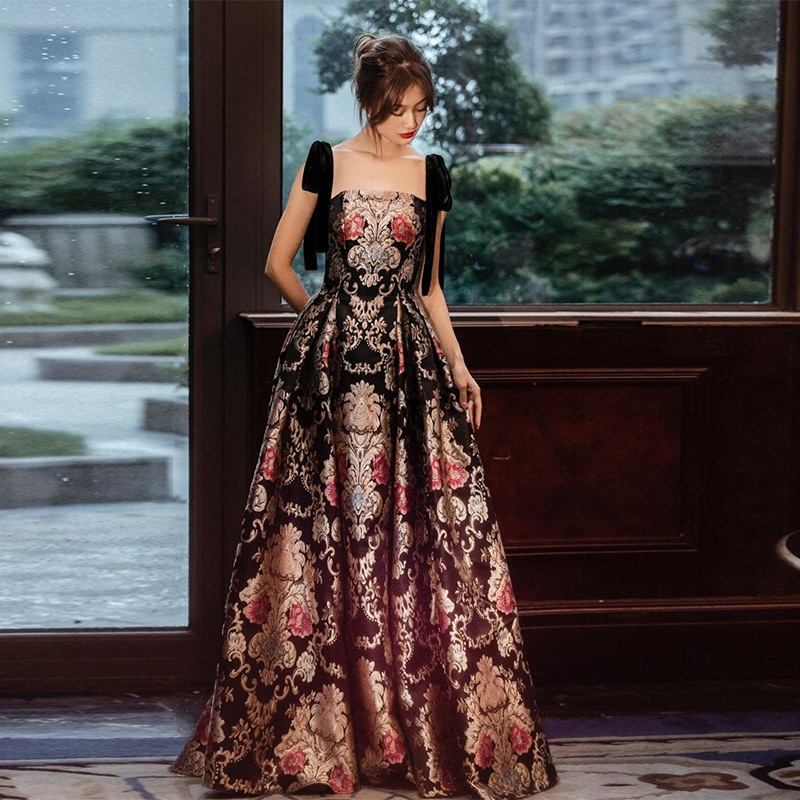 カラードレス カクテルドレス ロングドレス 花柄 パーティードレス 発表会 演奏会 ステージ イブニングドレス ブラック リボン 成人式 卒業式