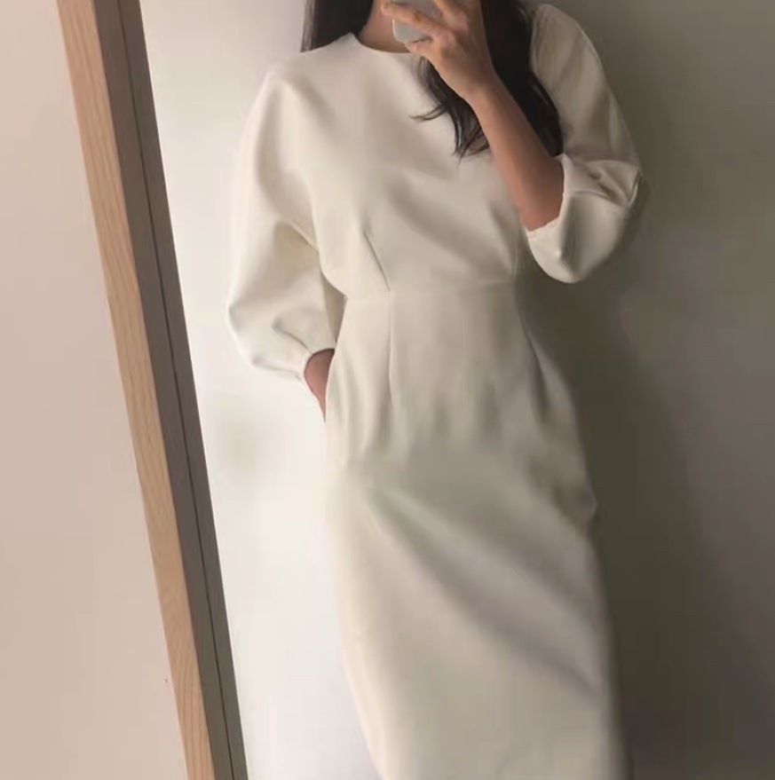 レディース ワンピース ロング 長袖 ボリューム袖 Uネック ラウンドネック タイト スリム 細身 Iライン フェミニン ストリート ウエストマーク ポケット ハイウエスト コンサバ 大人可愛い