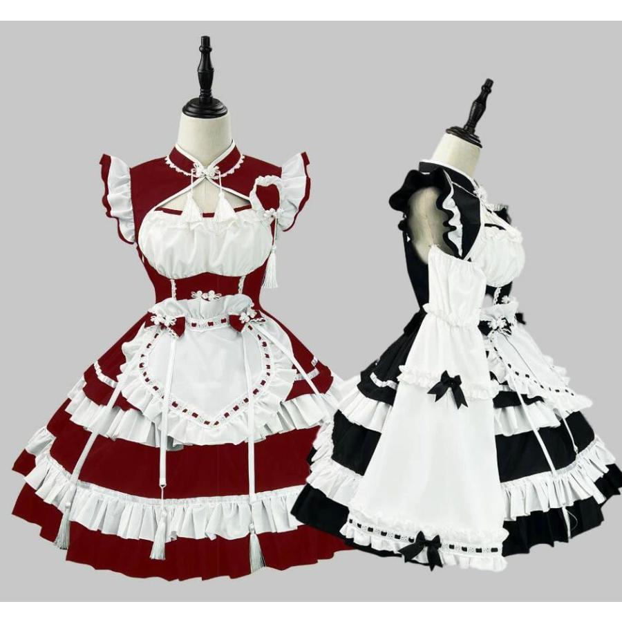 メイド服 Lolita 大人用コスチューム メイドコスプレ ロリータワンピース 可愛い 配色 中国風 フリル フリンジ メイドcosplay ハロウィン衣装 ワンピース長袖半