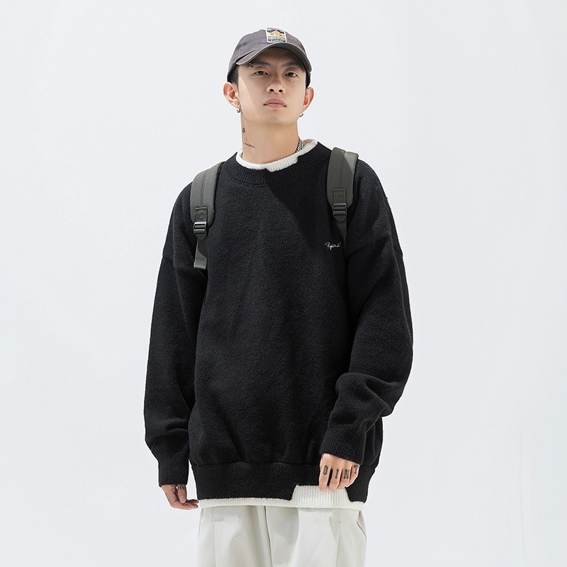 トップスニットセーターゆったり レトロ かっこいい 日系 セーター フェイクレイヤード ニットカーディガン トップス ベ一シックニット 丸ネック