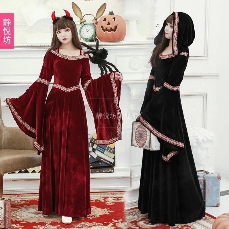 今日大特価ハロウィンドレスアップレトロ魔女ドレス魔女ドレスクイーンドレス大人コススーツフード付きマジシャンローブ 4,015円