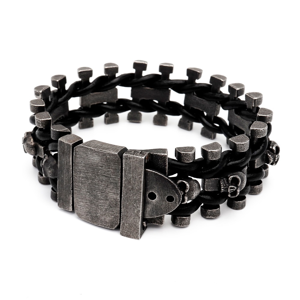 ステンレス＆レザー スカルブレスレット [b546]