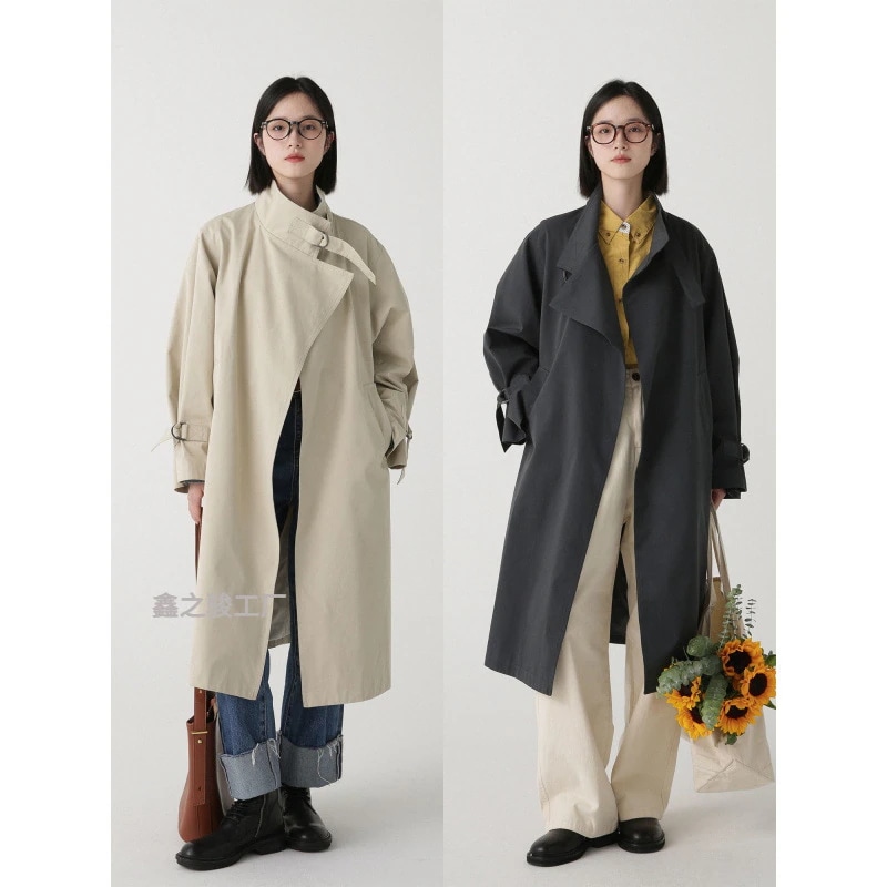 小衆風衣コート女性春の中で長いタイプのゆるい韓国版デザイン感流行ファッション質感コートブームメガ割ワンピースパンツトートバッグ
