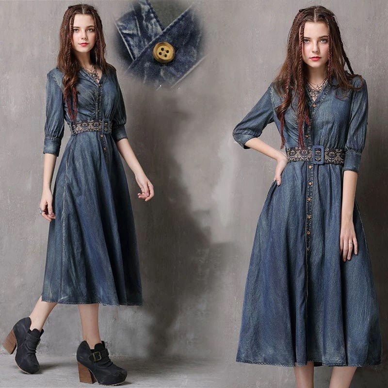 高級な質感ワンピース デニムワンピース マキシワンピース ロングワンピース レディース 七分袖 Vネック 刺繍 ベルト付き ポケット付き ギャザー ボリューム リゾート