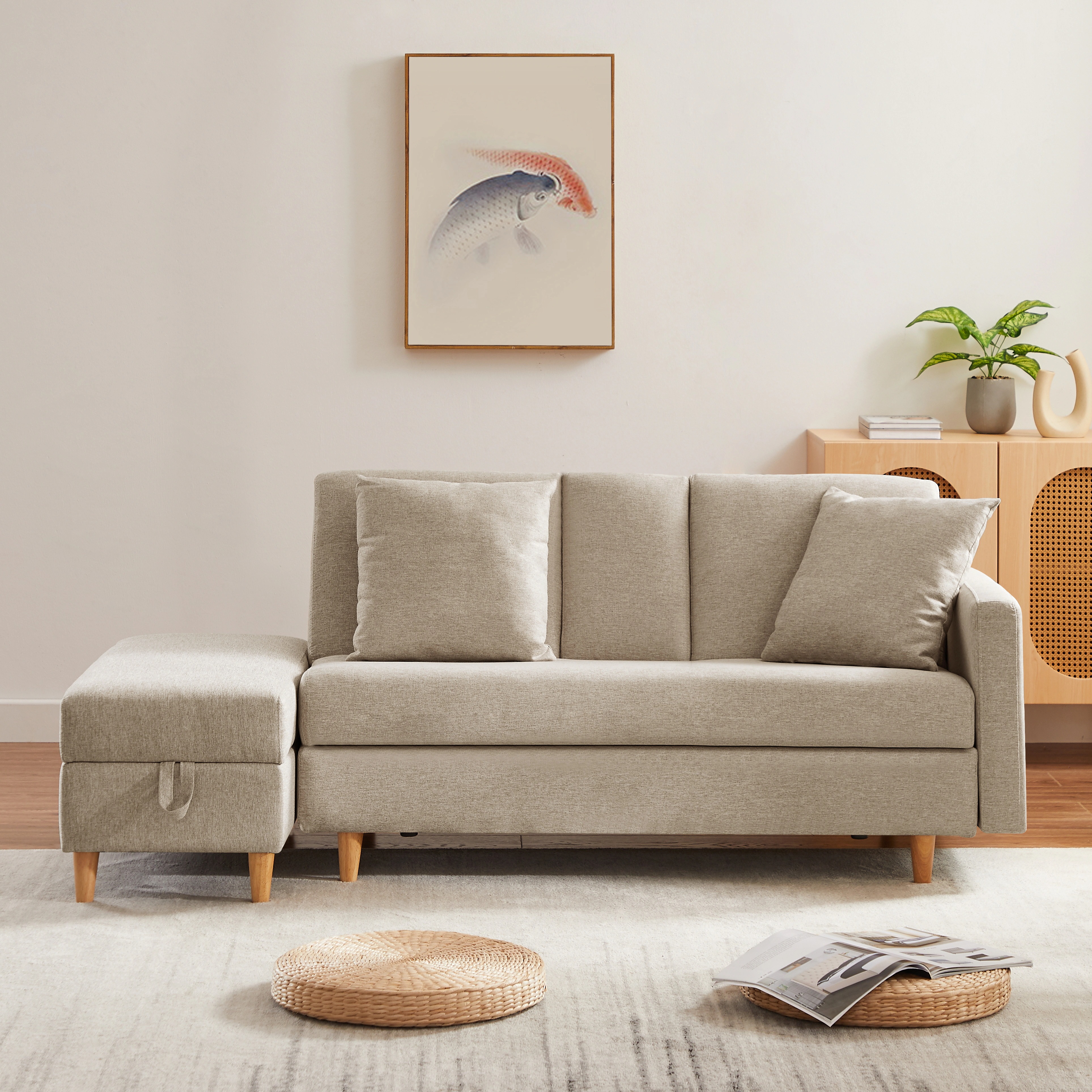 【317】ソファ　ソファーベッド　カウチソファ　3人掛け　オットマン付き　多機能ソファ　左右側とも取り付けるアームレスト　たくさん収納　レイアウト自由　クッション2個