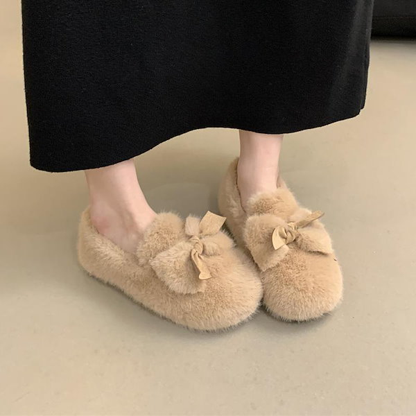 Qoo10] リボン ファー ボア フラットシューズ