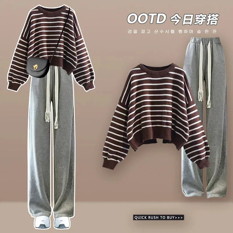 【送料無料】2025ソルトシリーズハイエンドデザインストライプセーター韓国ドラマツーピース秋カジュアルワイドパンツスーツ 母の日のプレゼント