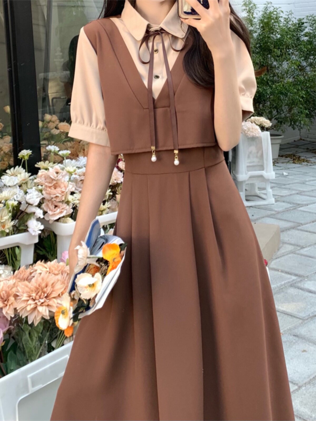 大きいサイズの女性用夏物カレッジスタイルフェイクツーピースセット美しいスカートふくよかな体型向けの半袖教員試験面接用ロングスカート