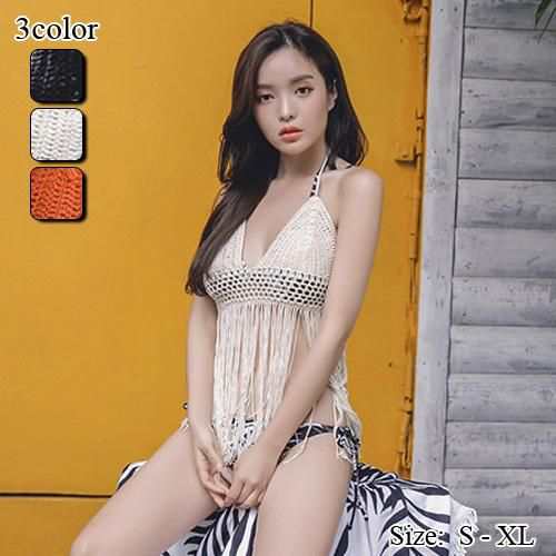 【グラシア】 水着 ビキニ レディース ビーチウェア スイムウェア 流行 海 プール キャミ パームリーフ柄 マリンルック フリンジ ボディライン クロシェ ビキニ リゾート 大人 ブラック ホワイト