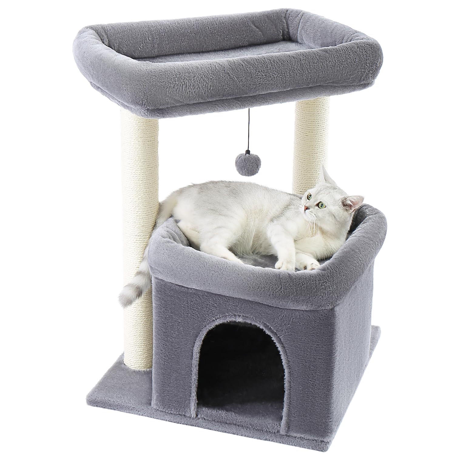 PAWZ Road キャットタワー 大型猫用 低め 低い 据え置き 麻紐 爪研ぎ 階段 広いベッド 隠れ家 多頭飼い シニア猫 おもちゃ 組立簡単 運動不足解消 ラグドール - グレー 高さ65cm