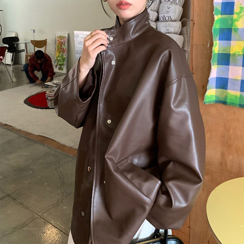 [JK_H0919_1] ボクシーレザースタンディング ハイネック フェイクレザー ライダー オーバーフィット レザーハーフ人工レザージャケット 4,879円