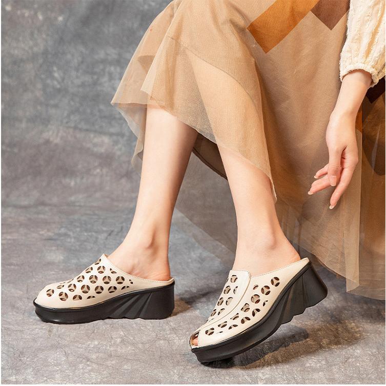 送料無料 牛本革サンダルサンダル穴あき脚レディース厚底夏パンプス通気歩きやすいフラットレザーサンダル透かし蒸れないカジュアル通勤母のギフト