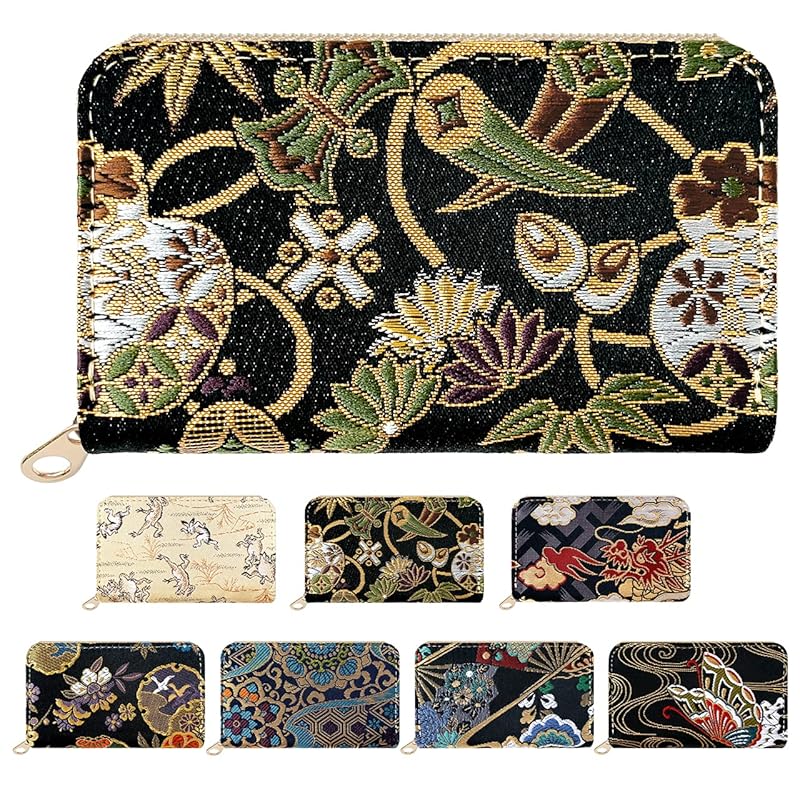 [leo&aoi] 西陣織 月影 コインケース ラウンドファスナー 小銭入れ 小銭ケース レディース 女性 着物 華やか 上品 高級 ケース 宝尽くし・黒