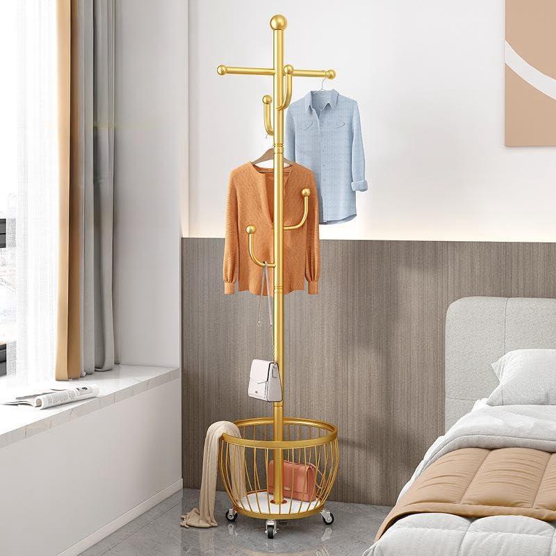 衣類ラック寝室用フロアスタンド衣類ラック錬鉄製コートラックファッショナブル移動可能な自宅寮エントリーストレージバスケット汚れた衣類バスケット
