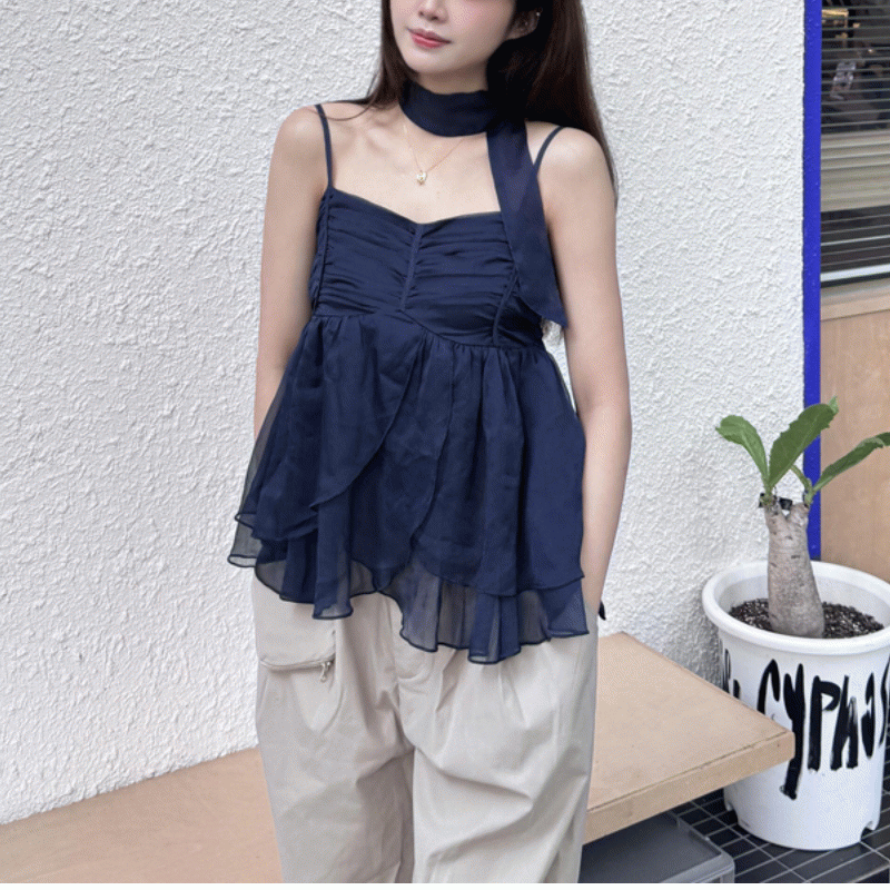 韓国スタイル ネイビー シフォン ノースリーブ マフラー スカーフ スリーブ 袖なし