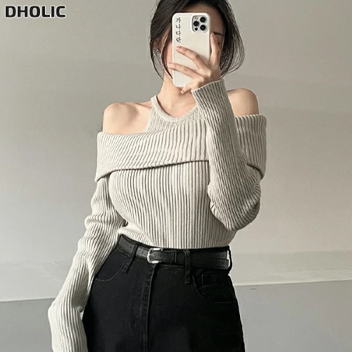 リブオフショルダーホルターネックスリット長袖ニット・1956426