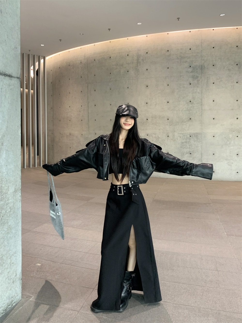 長袖スーツ 秋冬セットアップ 上下セット レザージャケット スリットスカート アウター ロングスカート 長袖 レトロ 韓国ファッション レディース長袖スーツ