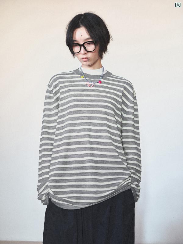 レディース　ファッション　レディースファッション　海外風 ユニセックス 立体 感 シルエット レトロ ストライプ ラウンドネック 長袖 プルオーバー セーター