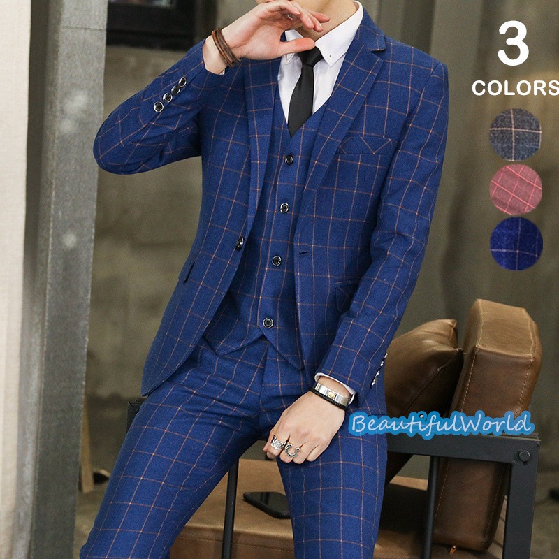 スーツ メンズ ビジネススーツ 3ピーススーツ スーツセットアップ カジュアルスーツ チェック柄 フォーマルスーツ 洗える 紳士服 通勤 結婚式X55