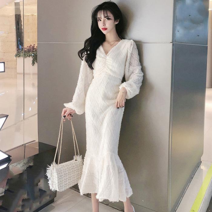 韓国ファッションワンピースドレス/Vネック裏起毛ドレス結婚式/パーティードレス/ロング ドレス