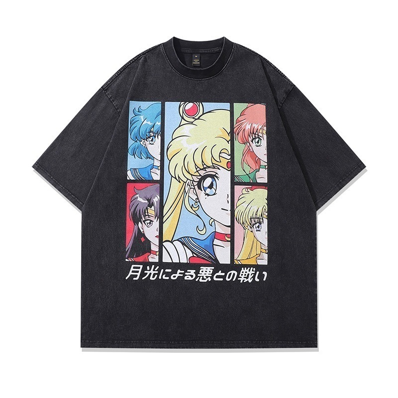 日本のアニメダイレクトプリントプリントコットンスモールネックラインTシャツ男性と女性用レトロウォッシュTシャツ