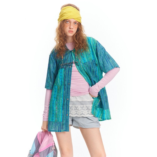 エスニックブルーグリーンミックスストライプシャツ