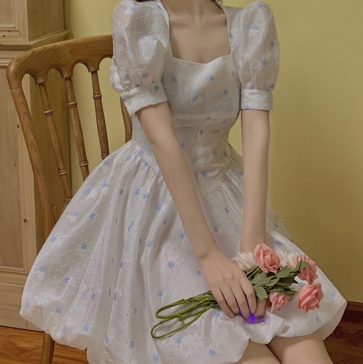 【送料無料】レディース ワンピース ミニ丈 パフスリーブ 半袖 スクエアネック