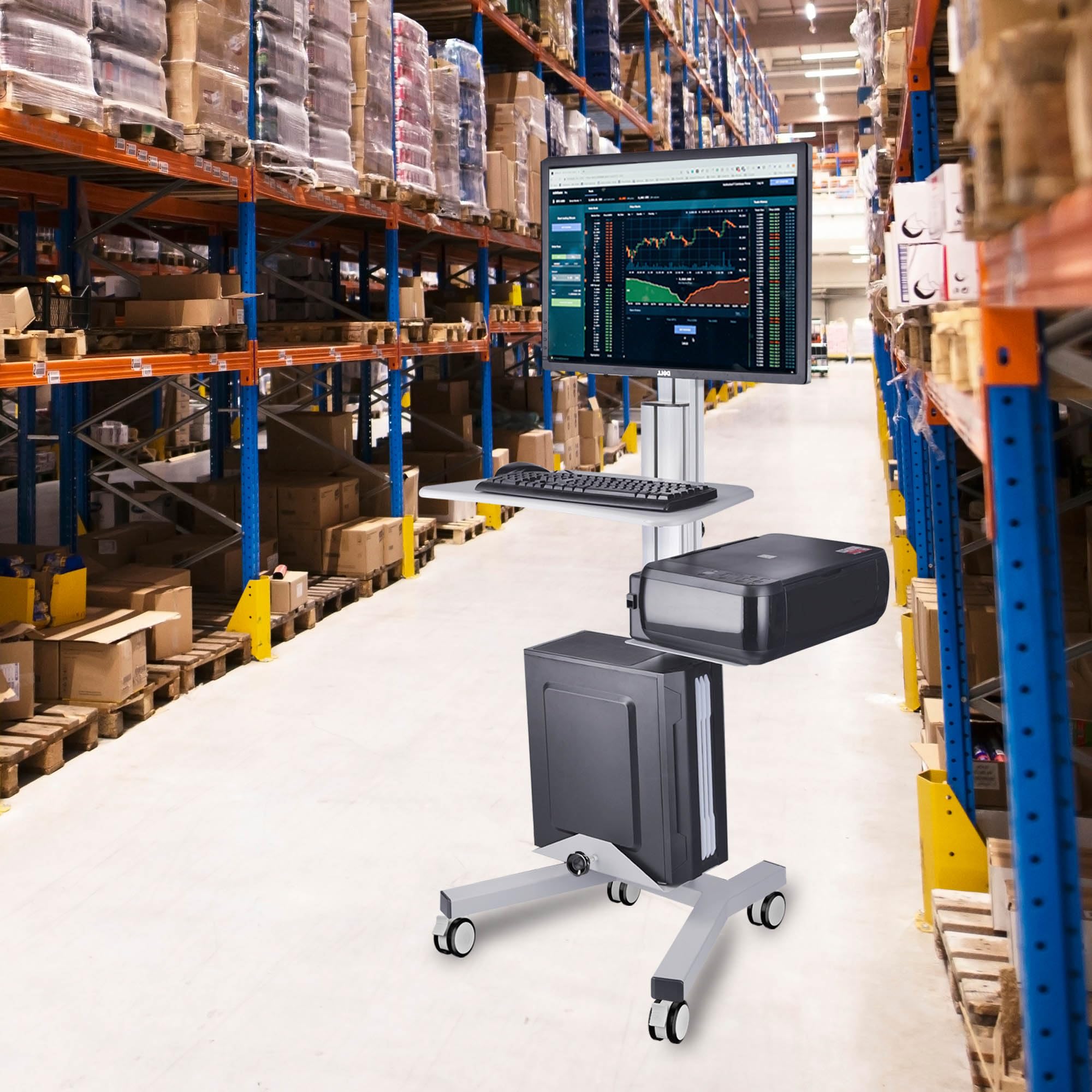 移動式パソコンデスク 机 モニターアーム付き 10~32インチ対応 昇降デスク 高さ調整 スタンディングデスク PCデスク キーボードトレイ プリンタ CPUスタンド ホイール付き 54546