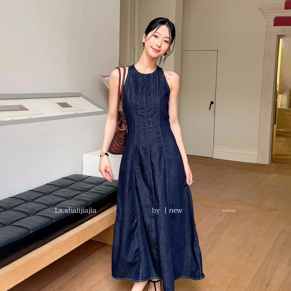 デニムワンピース ロングドレス 袖なし パーティードレス オケージョンドレス イブニングドレス 体型カバー きれいめ おしゃれ 着痩せ エレガント 20代30代40代 高校生 大学生 高級感 大人 落