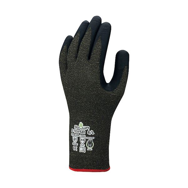（まとめ）ショーワグローブ 耐切創背抜き手袋 L ブラック（裾部カラー：レッド） S-TEX581-L 1双 5セット