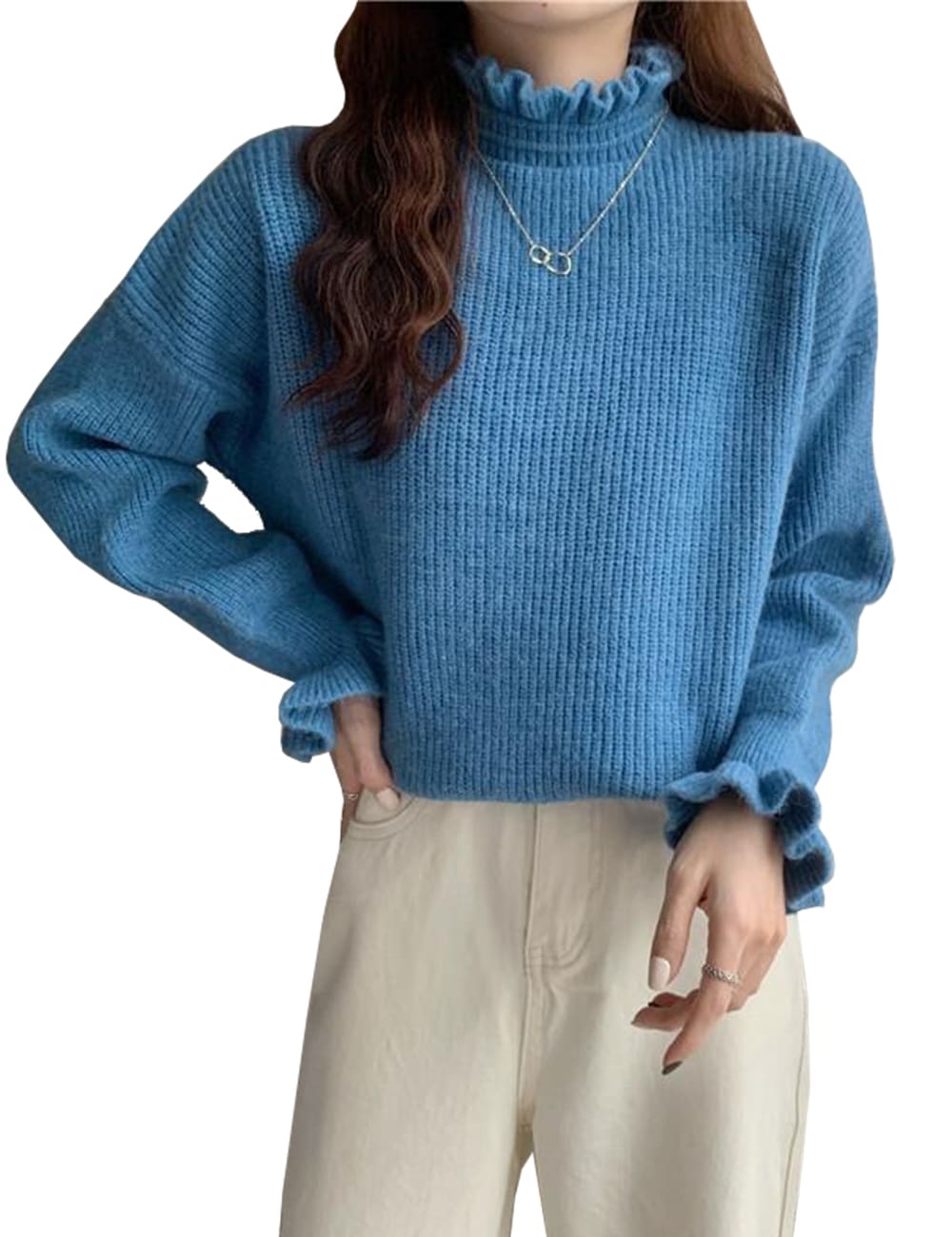 セーター レディース ニット トップス フリル ハイネック ストレッチ ゆったり 長袖 暖かい 無地 おしゃれ 厚手 可愛い 通勤 旅行 春秋冬