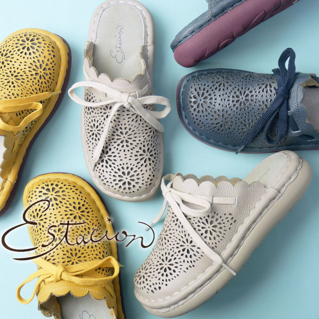 エスタシオン レディース クロッグサンダル 疲れない パンチング 痛くない リボンデザイン 履きやすい サボサンダル コンフォートサンダル カジュアルシューズ 本革 TGE636 ライトオーク ネイビ