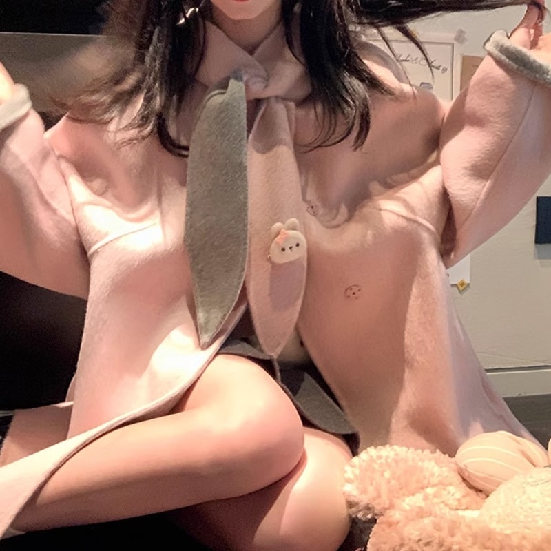 ピンクのフード付きリバーシブルウールコート韓国系スイートカシミアラシャウールコートラッシュ