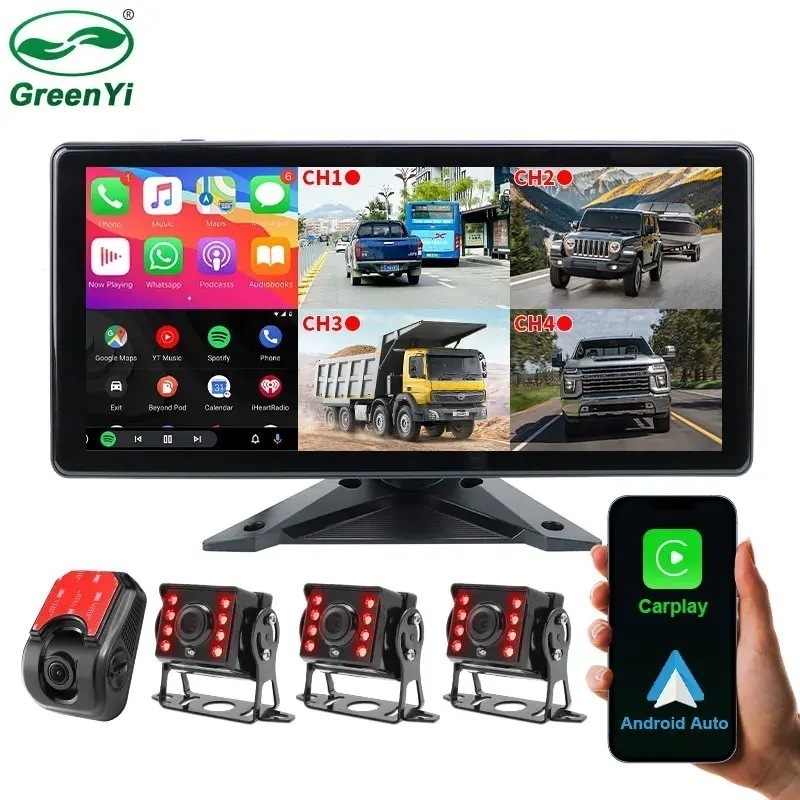 3営業日以内発送 10.36 WiFi ワイヤレス Carplay と Android Auto 4 分割画面トラック バス駐車録画モニター AHD 1080P カメラ ダッシュ カム付き