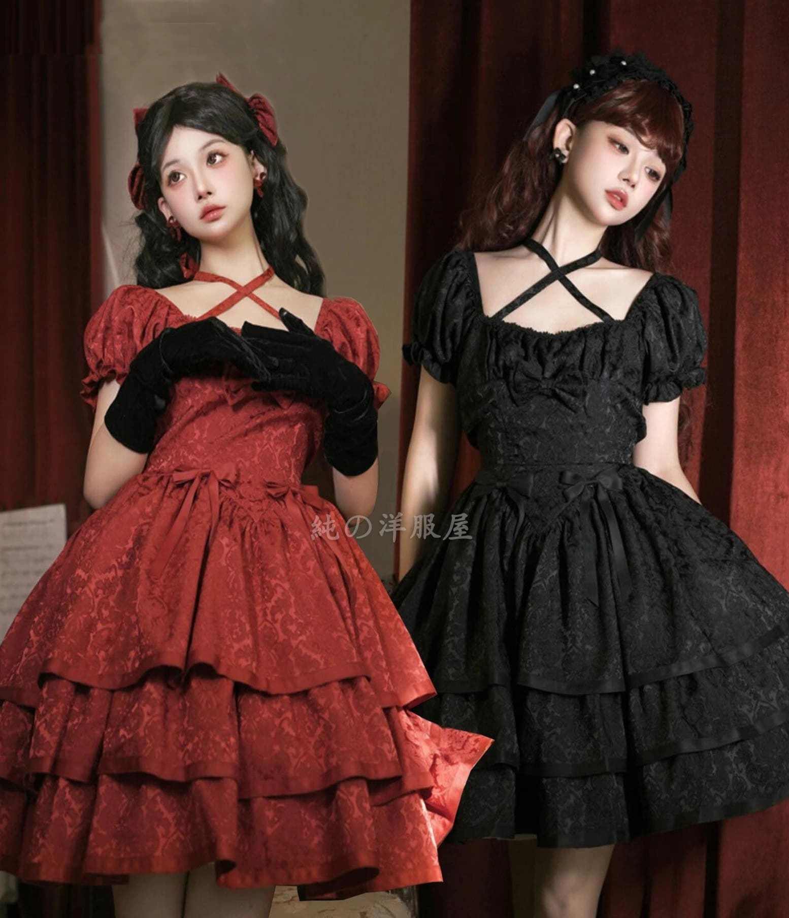 迅速な出荷 ロリータ ワンピース 半袖 膝丈 ゴスロリ＆ロリータドレス 裾フリル スクエアネック 紐クロス 蝶リボン 可愛い lolita ゴシック 暗黒系 ロリータファッション ロリータ服 ワイン