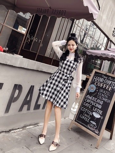 1281．チェック柄ハイネックシフォンワンピース（ブラック）