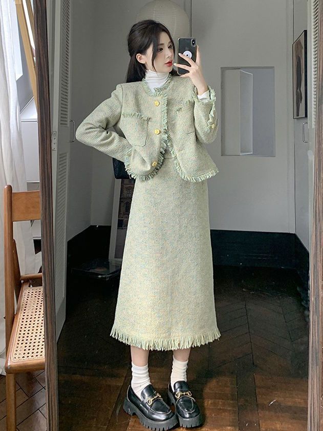 上品セレブセットアップスカート春春春春春新作高級感優しい韓国ドラマコート半身スカート2点セット