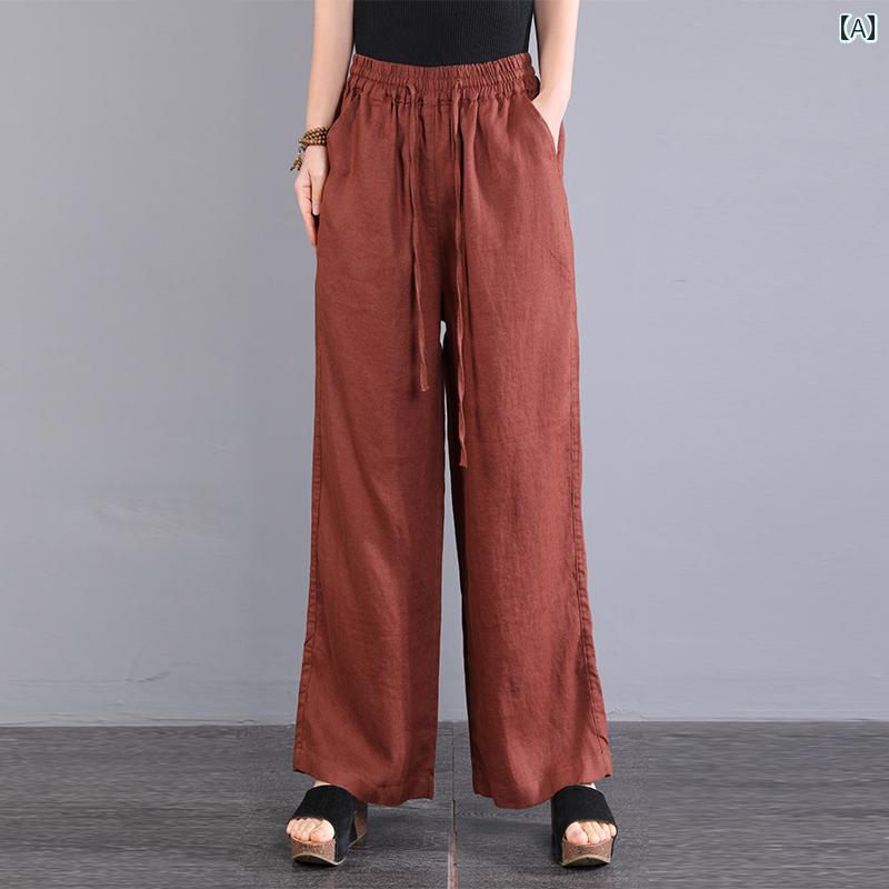 エスニック ボヘミアン レディース コットンリネン 女性用 ワイド レッグ パンツ 夏 レースアップ 巾着 リネン ワイド レッグ パンツ ストレート パンツ カジュアル