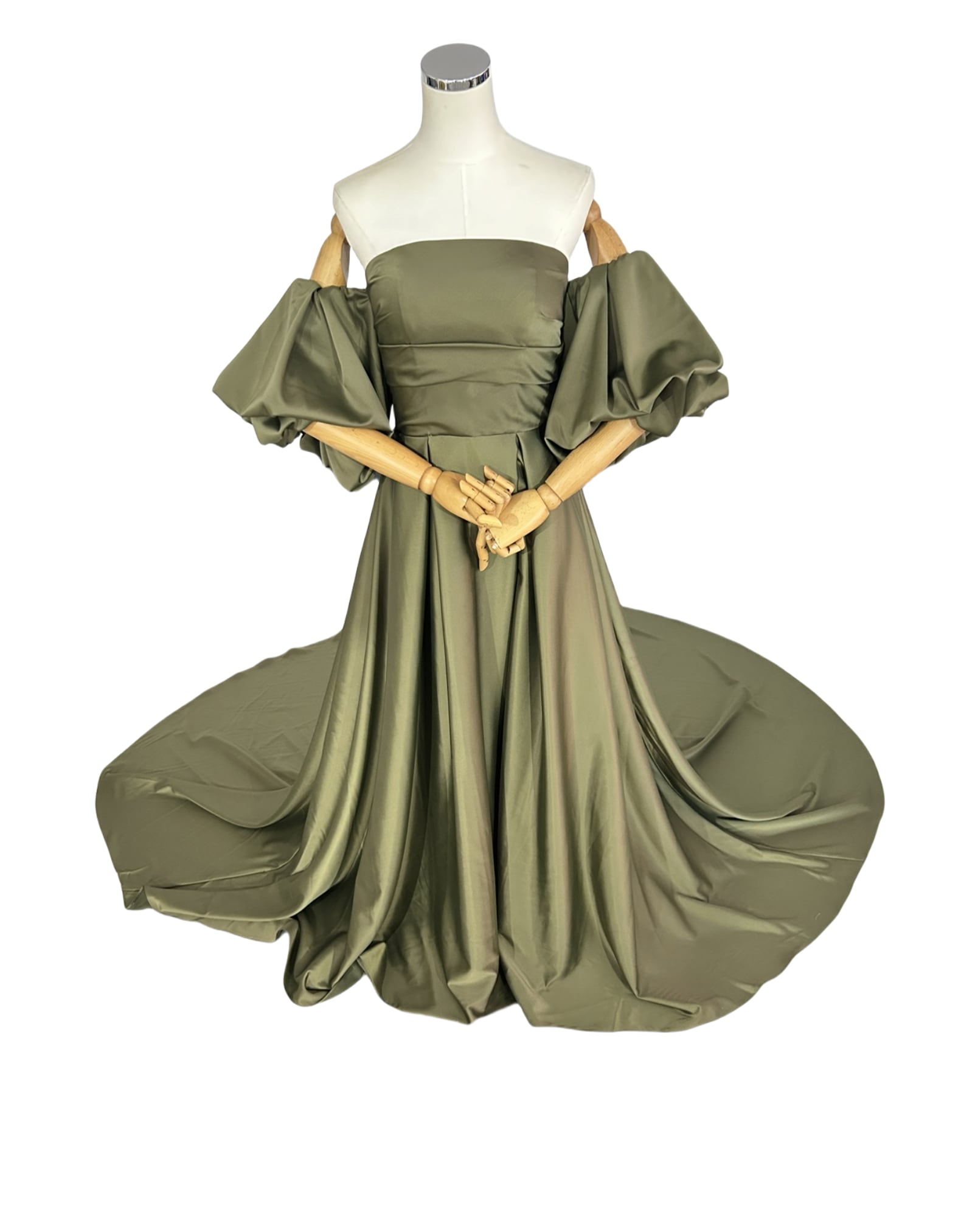 グリーン パーティードレス ベアトップ パフスリーブ バックリボン 花嫁 ロングトレーン