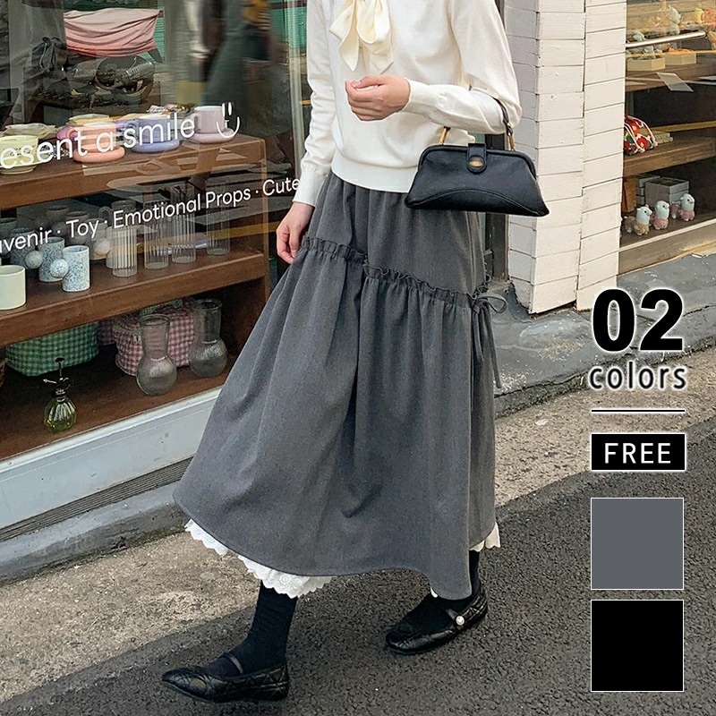 [迅速な配達][限時割!引!]ティアードスカート 裾レース ロング スカート レディース ウエストゴム レース 刺繍 フレアスカート ロングスカート ギャザースカート フリル スカラップ ウエストゴム