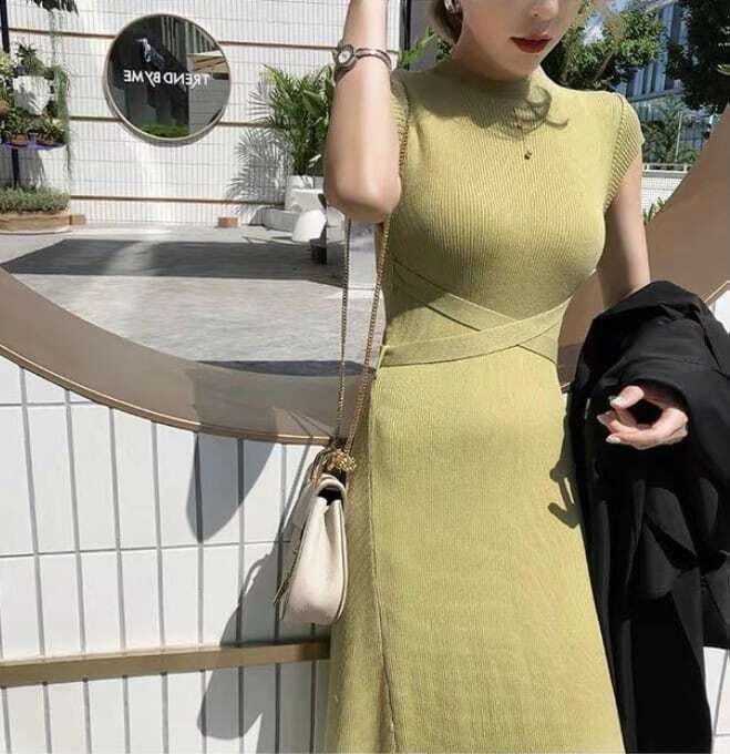 クロスリボン ニット ロング ワンピース バックリボン 大人可愛い