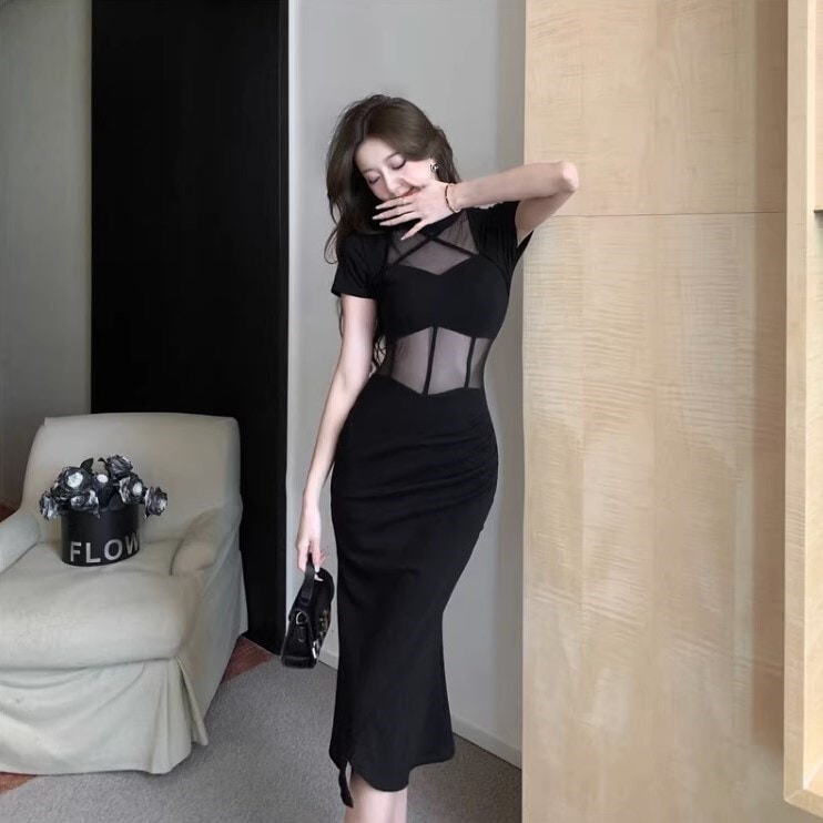 パーティドレス キャバドレス イブニングドレス ミモレ丈 半袖 ラウンドネック スレンダーライン マーメイド シフォン フリル ウエストマーク シースルー きれいめ 大人 おしゃれ かっこいい