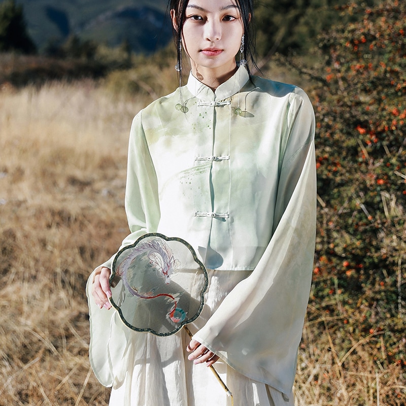 チャイナ風シャツ シアーシャツ シフォントップス レディース 山葵色染み 緑 透け感 立ち襟 長袖 改良唐装 紫外線対策 uvカット