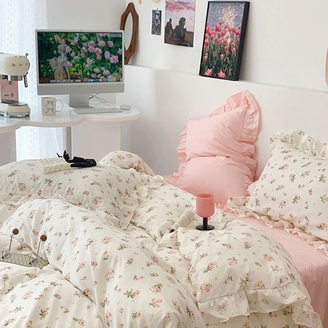 2025 韓国ファッション フレンチスタイル ロマンチック スモールフラワー コットン 3点セット エレガント レディライク フリルレース 小さなバラ純綿リネンセット 全8色