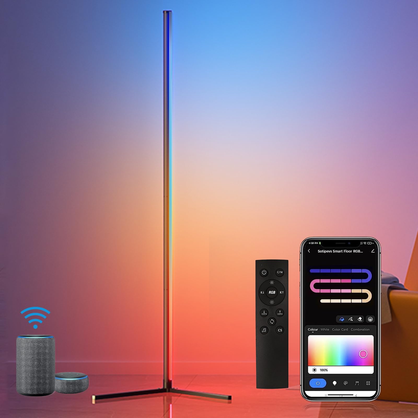 RGB フロアランプ 間接照明 Alexa対応 高さ155cm フロアライト 1600万色 LEDランプ コーナーライト 調光 調色 スマートホーム 日本語取扱書 フロアスタンド・ランプ 寝室/リビン