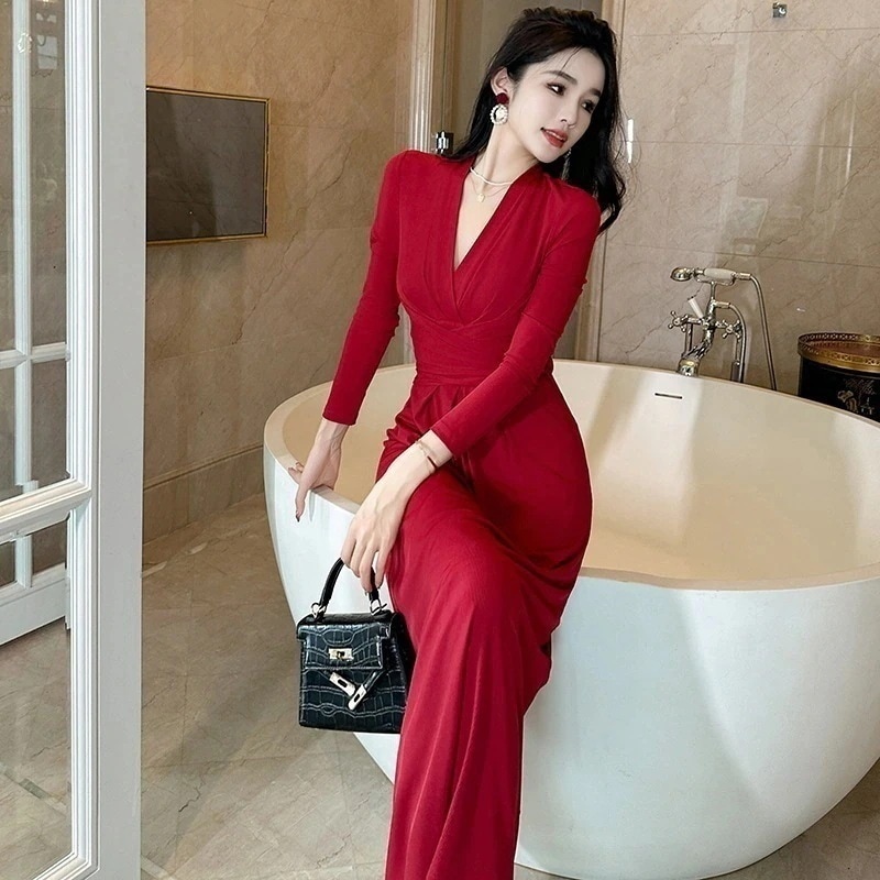 秋冬 Vネック ロングワンピース 大きい裾 パーティードレス キャバ 着痩せ 大人 同窓会 披露宴 卒業式 結婚式 演奏会 ウェディング 二次会 発表会30%までに制限 5,741円
