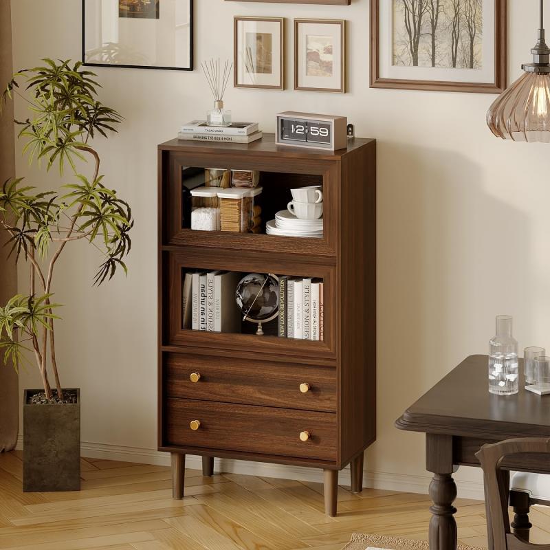 幅60 木製ガラスキャビネット 上段ディスプレイ扉付き スリムサイドボード 引き出し収納 リビング・キッチン・寝室対応 北欧ナチュラル おしゃれ収納ラック ブランド: VORIN